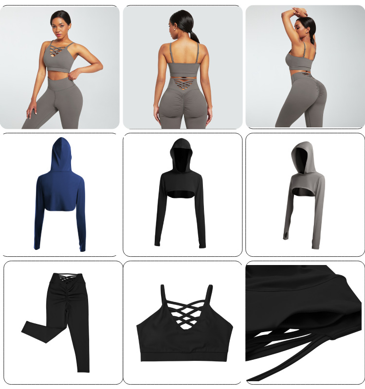 3 Pieces Yoga Fitness Set Gym Workout Cropped Hoodie Active Wear Sport Tracksuit